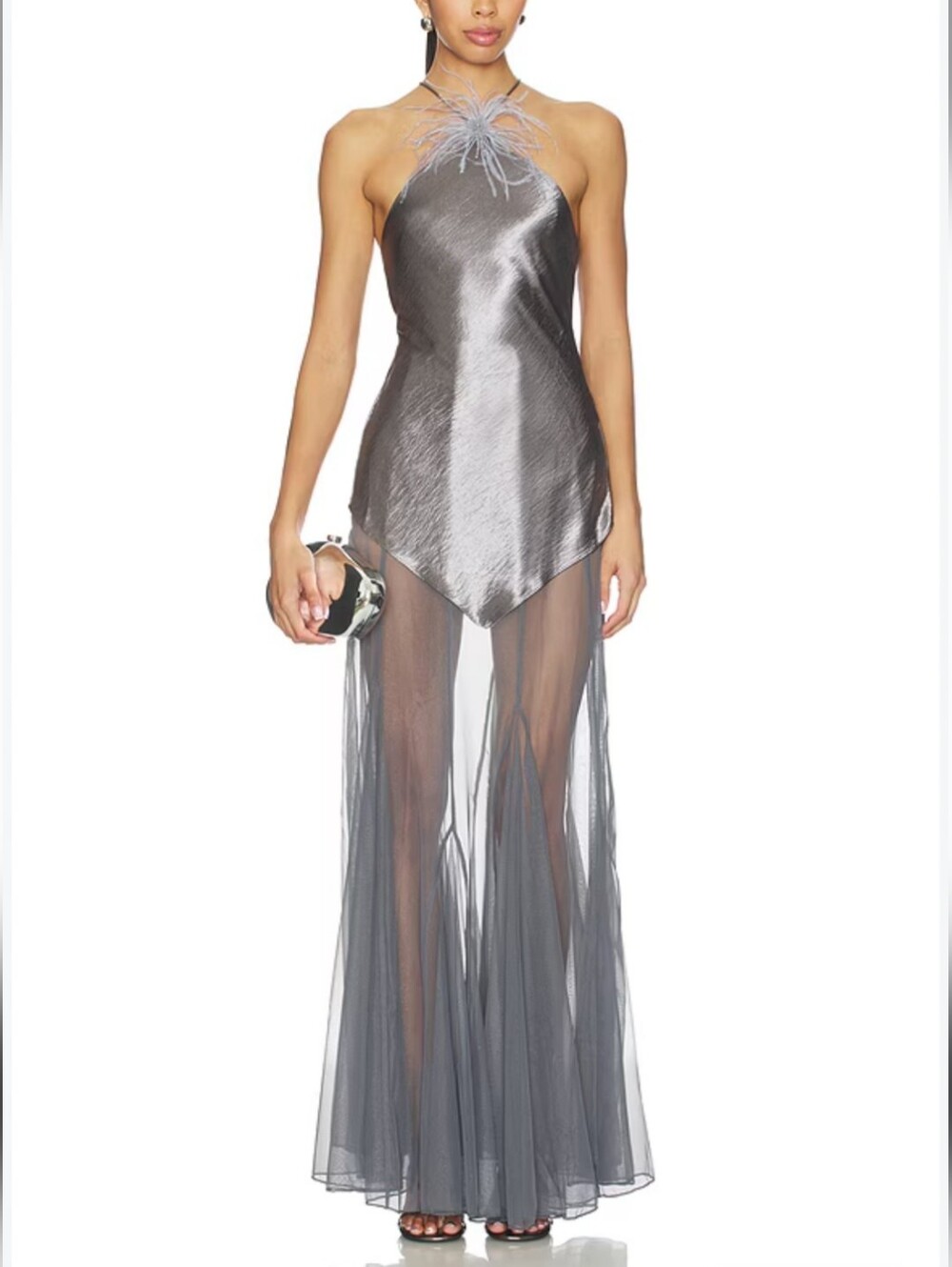 Jaded London stunning Silver Halter Mesh Maxi Dress w/ Feathers size 2 NWTS